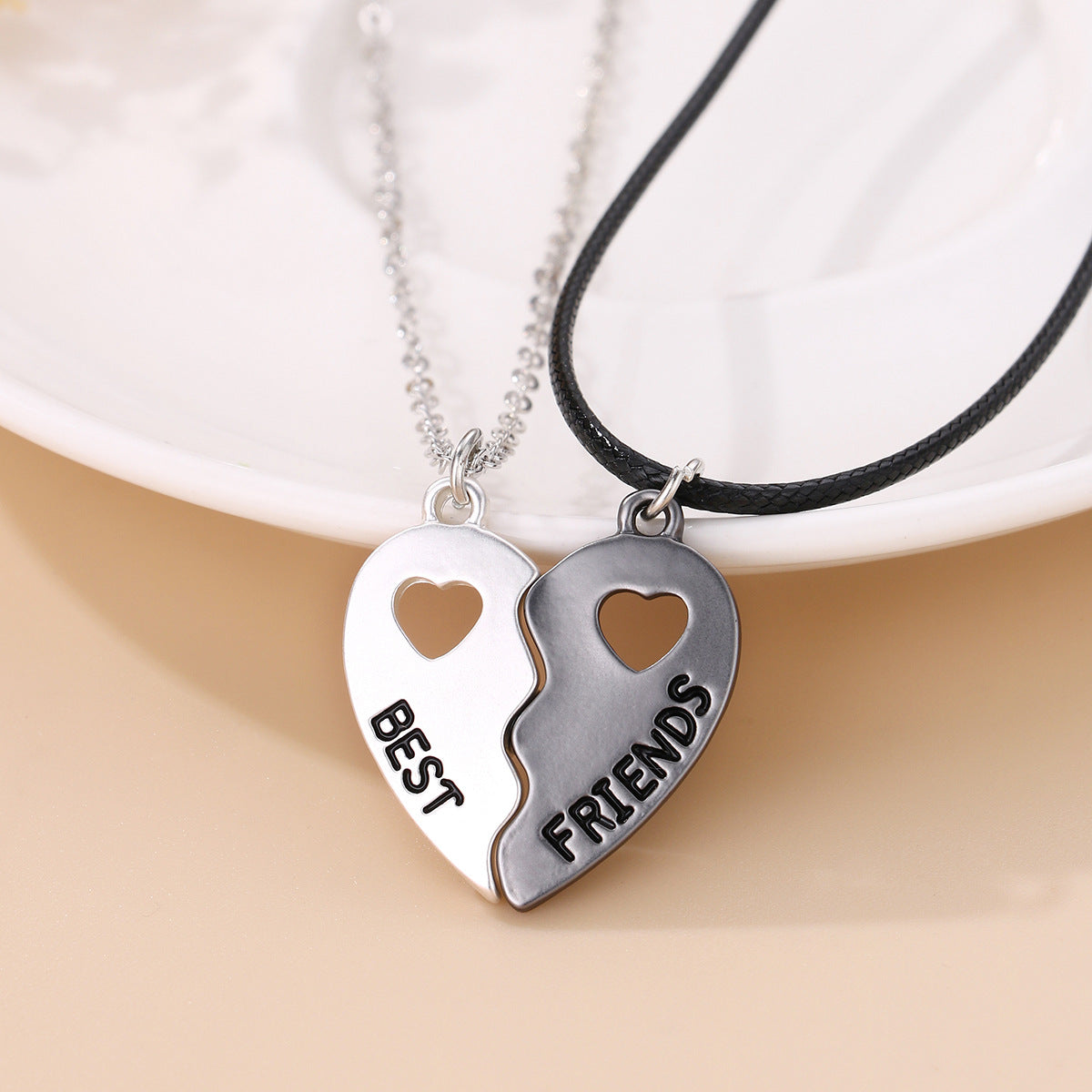 Set of 2 Heart Friendship Necklaces - BFF Best Friends Forever - Fantasy - Silver and Gold Pendant and Chain