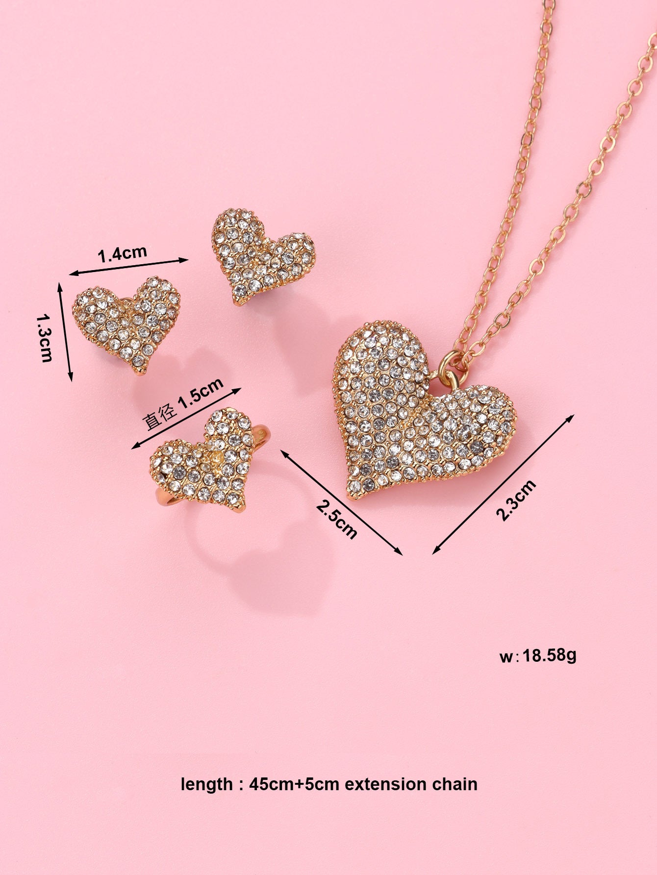 Parure 3 pièces - Collier Boucles Oreilles Bague - Coeur Strass Diamant - Fantaisie - Amoureux - Mignon Doré Strass Saint Valentin