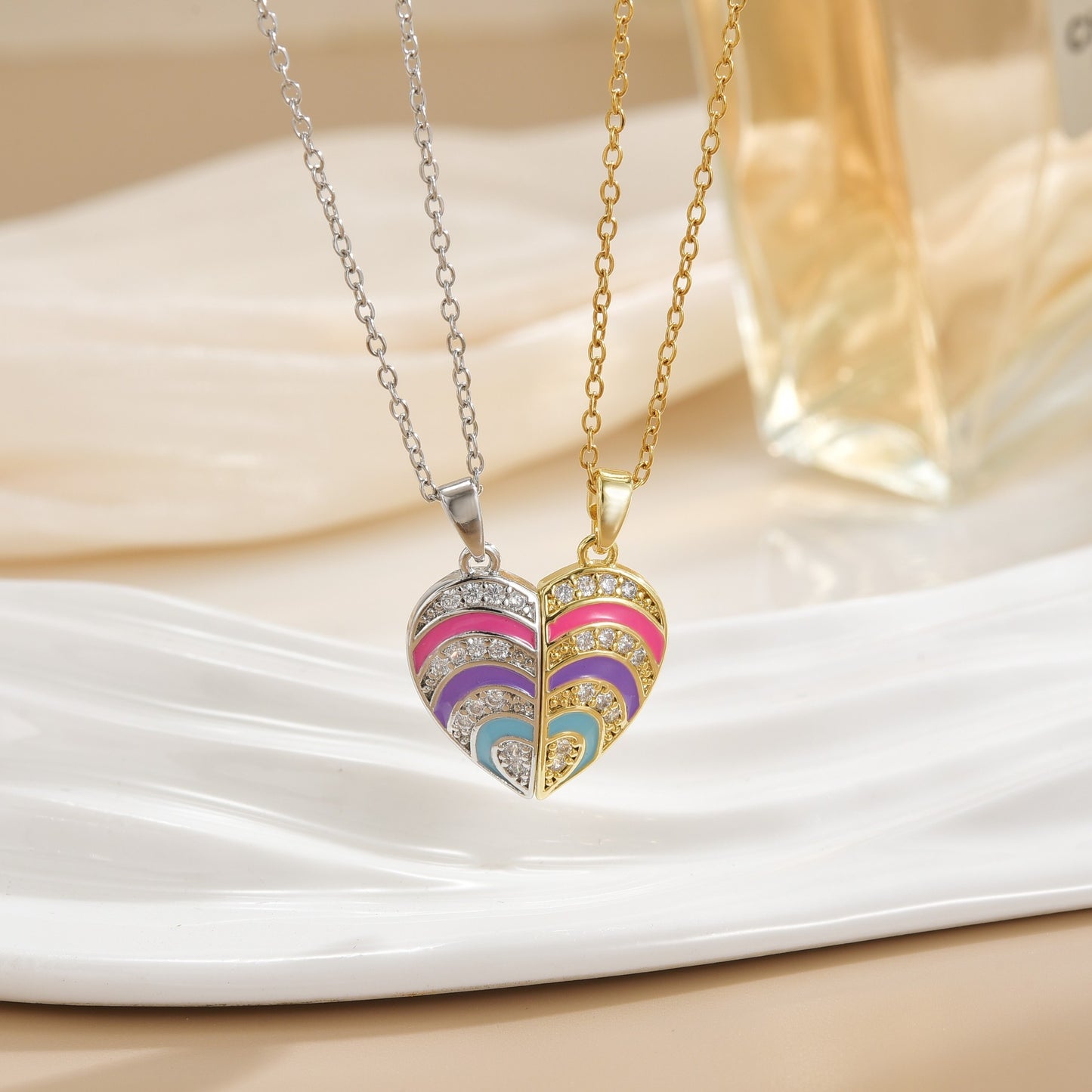 CHILDREN - Set of 2 Heart Friendship Necklace Chains - BFF Best Friends Forever - Fantasy Multicolor Rainbow Heart - Magnetic Pendant