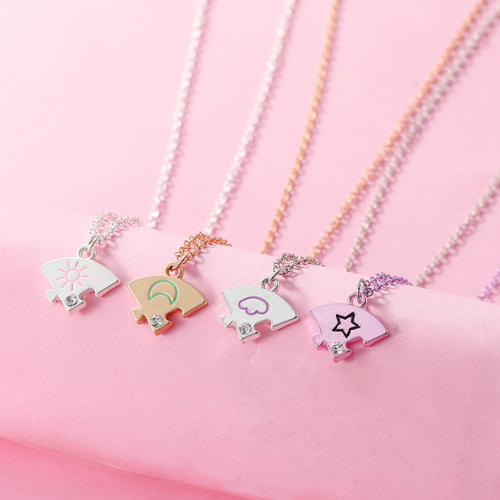 Lot de 4 Colliers D'amitié - Etoile Lune Soleil Nuage - BFF - Best Friends Forever - Pendentif Puzzle Rond - Mignon - Amitié - À Partager