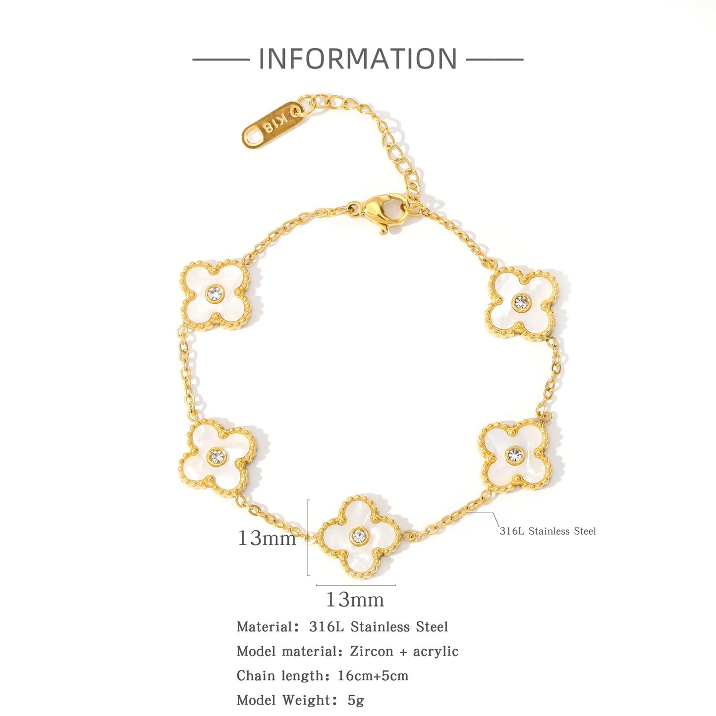 Bracelets Adultes Trèfle 4 feuilles - Mignon - Acier Inoxydable Plaqué Or & Zircon