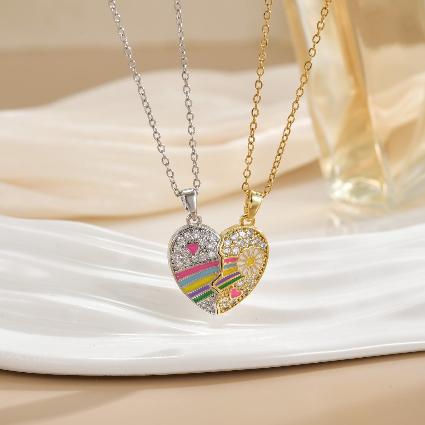 Lot de 2 Colliers D'amitié Aimanté Avec Carte - Coeur - BFF - Best Friends Forever - Arc en Ciel - Amitié - Couple