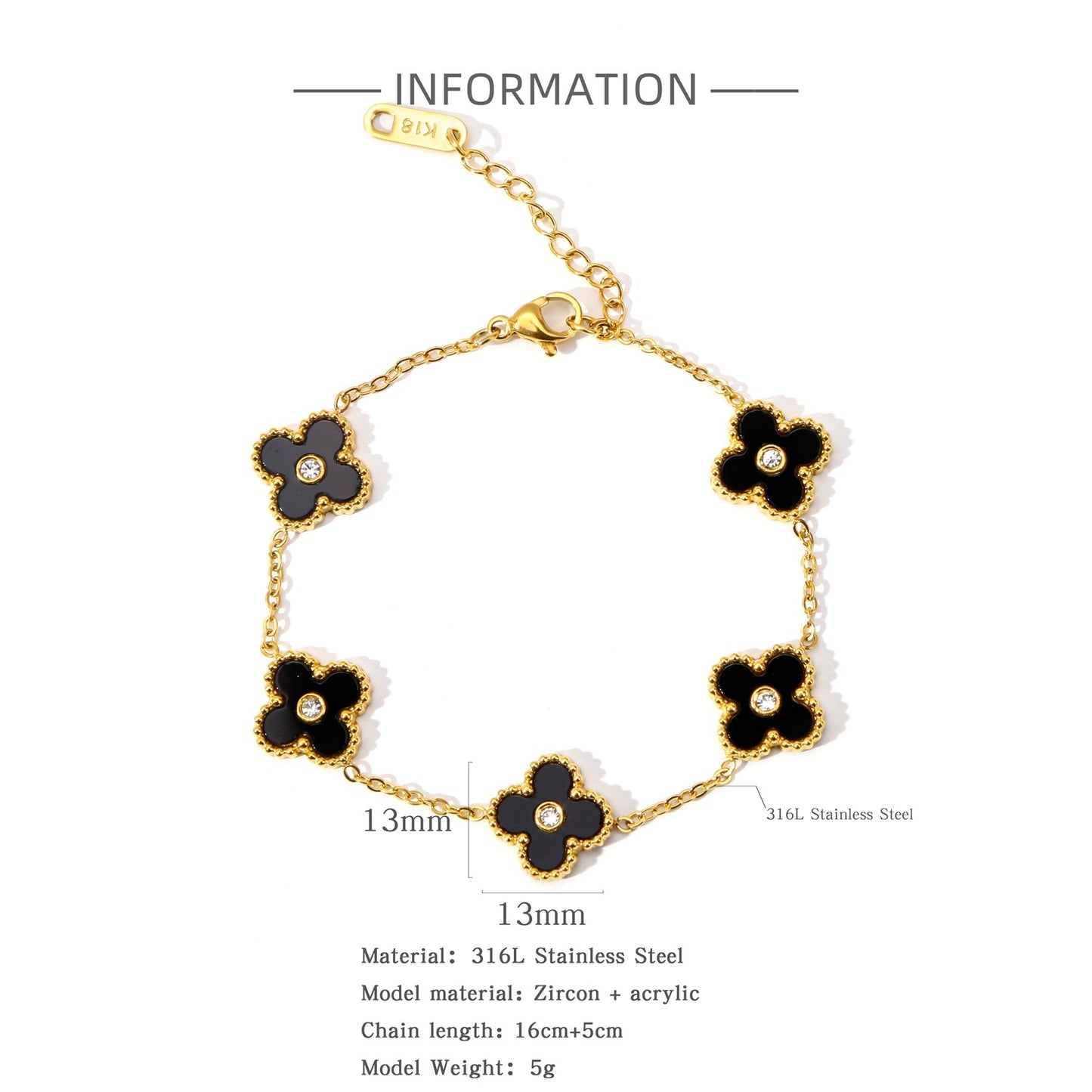 Bracelets Adultes Trèfle 4 feuilles - Mignon - Acier Inoxydable Plaqué Or & Zircon