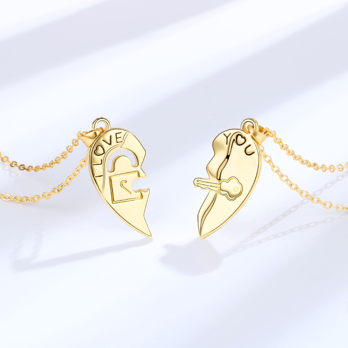 Set of 2 Friendship Necklaces Chains - Heart and Key - BFF Best Friends Forever - Pendant - Lovers Couple Silver Stainless Steel