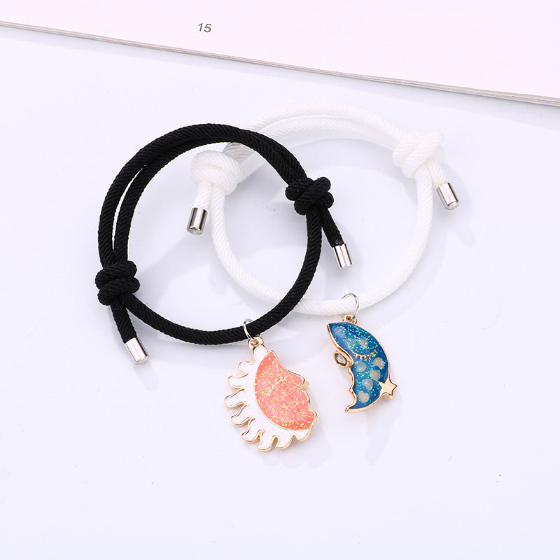 Lot de 2 Bracelets D'amitié Cordon Réglable - Lune Soleil qui s'embrasse - BFF - Best Friends Forever - Pendentif Aimanté - Amoureux Couple Amitié