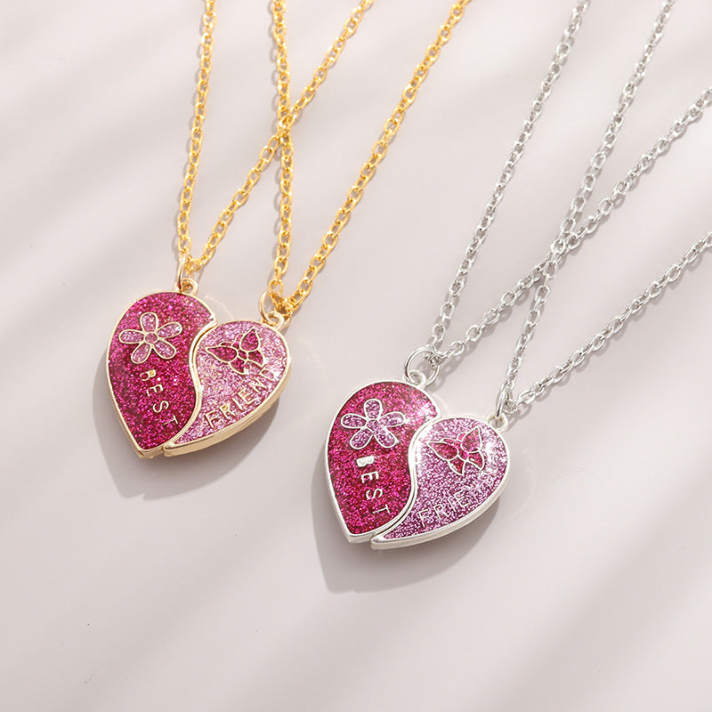 CHILDREN - Set of 2 Glitter Heart Friendship Necklace Chains - BFF Best Friends Forever - Fancy - Magnetic Pendant with Gold Chain