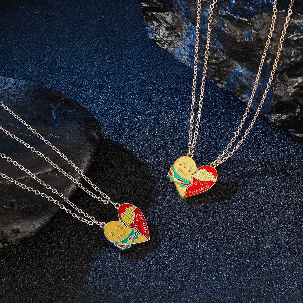 Set of 2 Friendship Necklace Chains | Hamburger Fries Separate to Share | Lovers | Best Friends Couple