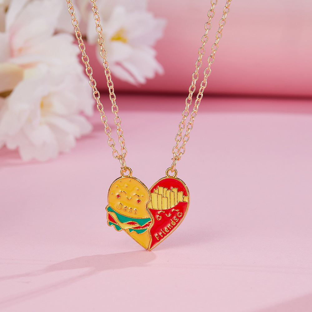 Set of 2 Friendship Necklace Chains | Hamburger Fries Separate to Share | Lovers | Best Friends Couple