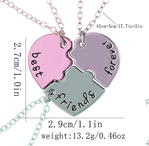 Lot de 3 Colliers D'amitié - Coeur Puzzle - BFF - Best Friends Forever - Pendentif Argenté ou Coloré - Strass - Amitié