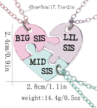 Lot de 3 Colliers - Soeurs - Ainée Cadette Benjamine - Famille Enfant Soeur Filles - Fantaisie - Pendentif Coeur Puzzle