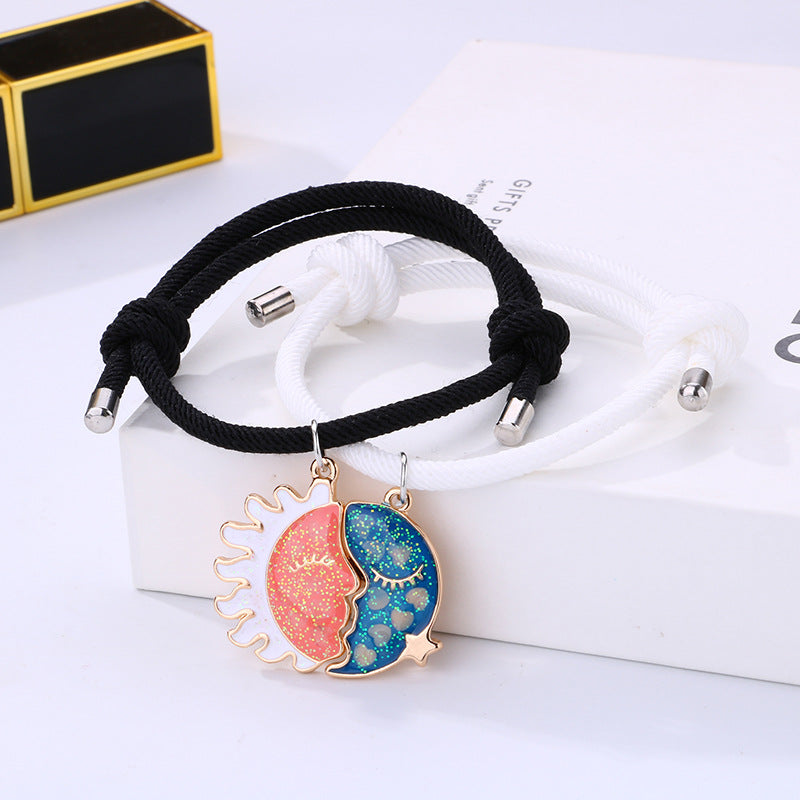 Lot de 2 Bracelets D'amitié Cordon Réglable - Lune Soleil qui s'embrasse - BFF - Best Friends Forever - Pendentif Aimanté - Amoureux Couple Amitié