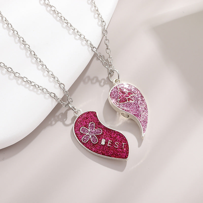 CHILDREN - Set of 2 Glitter Heart Friendship Necklace Chains - BFF Best Friends Forever - Fancy - Magnetic Pendant with Gold Chain