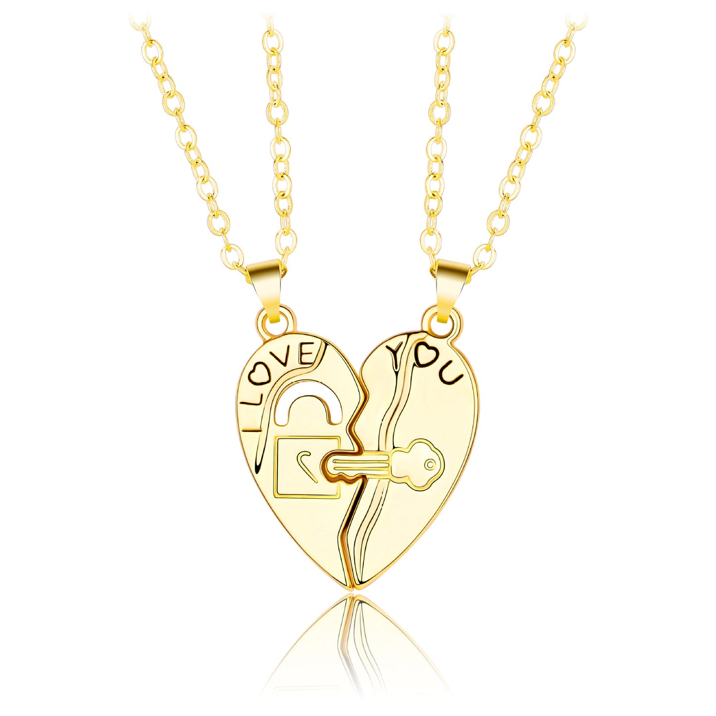 Set of 2 Friendship Necklaces Chains - Heart and Key - BFF Best Friends Forever - Pendant - Lovers Couple Silver Stainless Steel