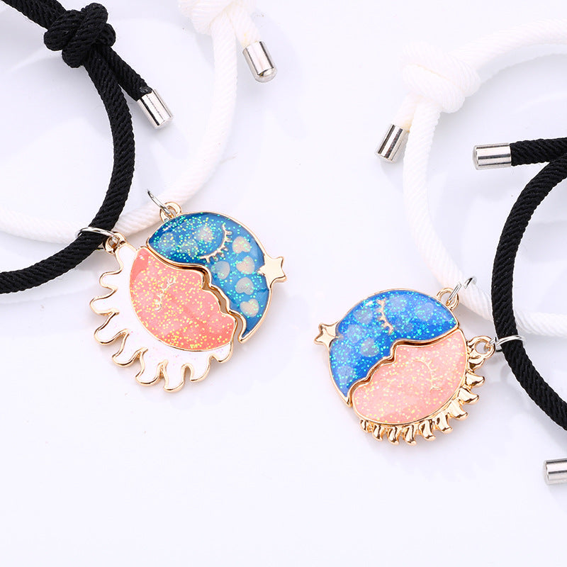 Lot de 2 Bracelets D'amitié Cordon Réglable - Lune Soleil qui s'embrasse - BFF - Best Friends Forever - Pendentif Aimanté - Amoureux Couple Amitié