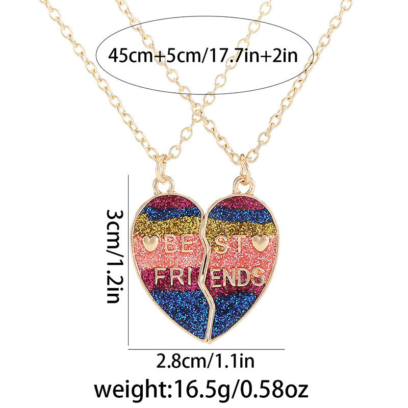 CHILDREN - Set of 2 Glitter Heart Friendship Necklace Chains - BFF Best Friends Forever - Fancy - Magnetic Pendant with Gold Chain