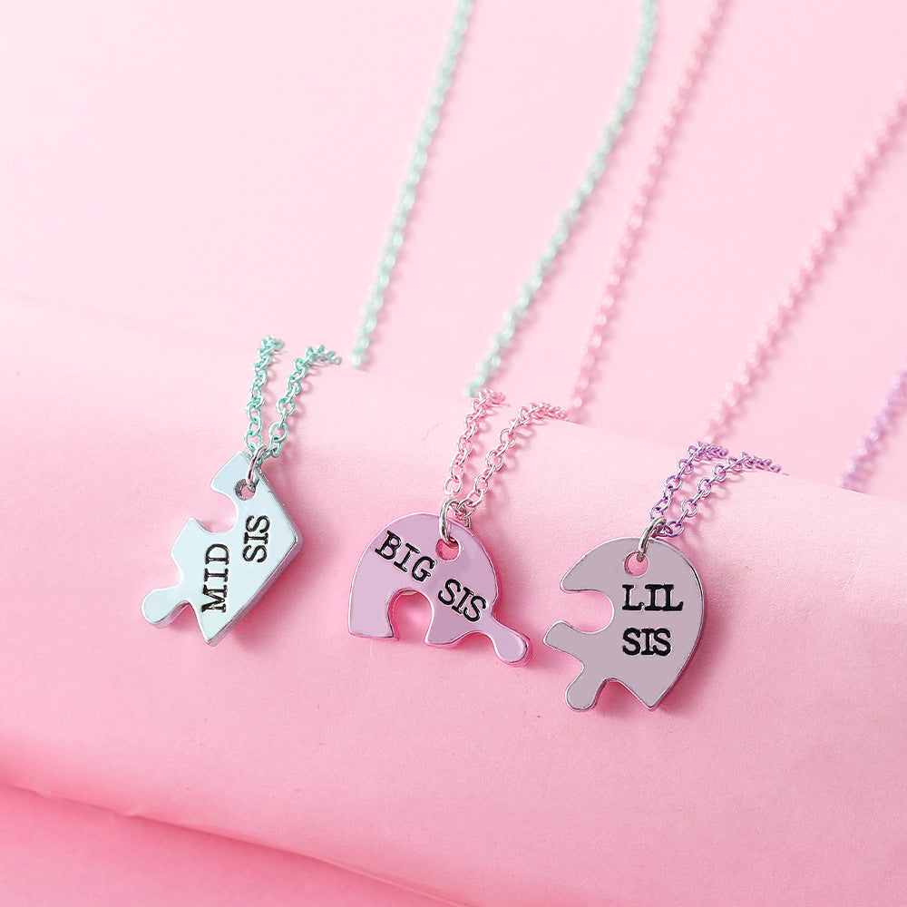 Lot de 3 Colliers - Soeurs - Ainée Cadette Benjamine - Famille Enfant Soeur Filles - Fantaisie - Pendentif Coeur Puzzle