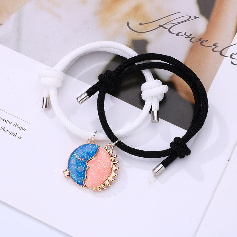 Lot de 2 Bracelets D'amitié Cordon Réglable - Lune Soleil qui s'embrasse - BFF - Best Friends Forever - Pendentif Aimanté - Amoureux Couple Amitié