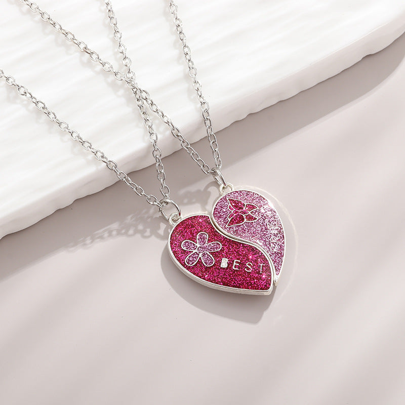 CHILDREN - Set of 2 Glitter Heart Friendship Necklace Chains - BFF Best Friends Forever - Fancy - Magnetic Pendant with Gold Chain