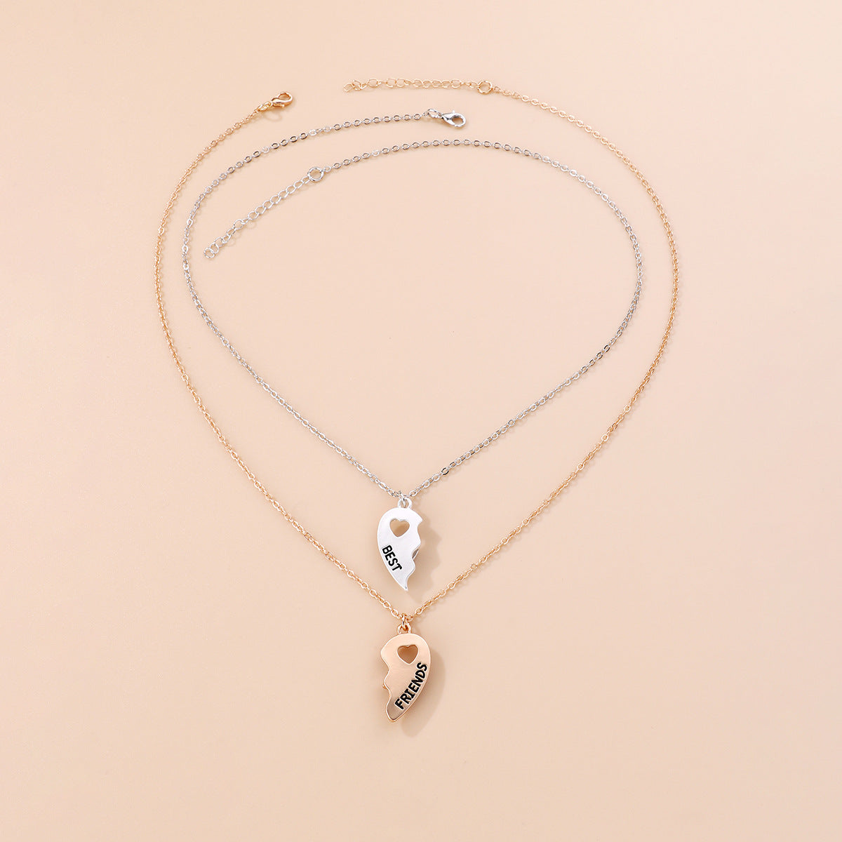 Set of 2 Heart Friendship Necklaces - BFF Best Friends Forever - Fantasy - Silver and Gold Pendant and Chain