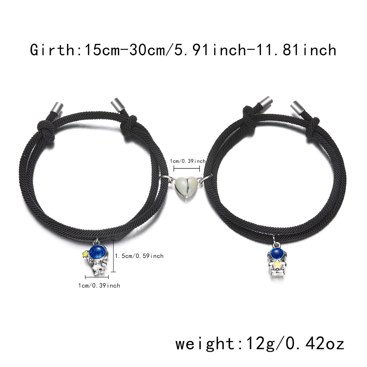 Lot de 2 Bracelets D'amitié Cordon Réglable - Mains Oeil ou Astronautes - Coeur Aimanté Phosphorescent - BFF - Amitié - Couple
