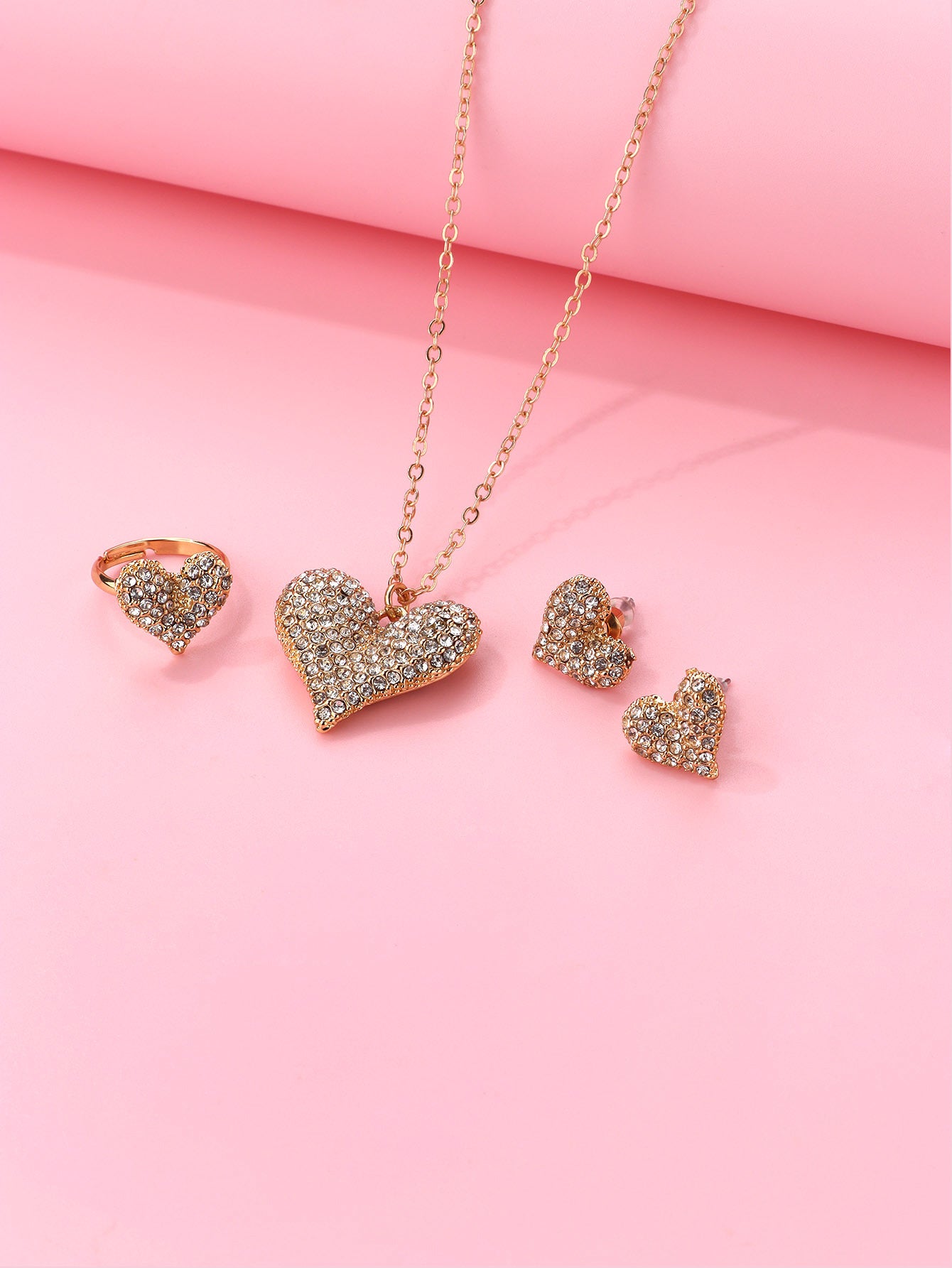 Parure 3 pièces - Collier Boucles Oreilles Bague - Coeur Strass Diamant - Fantaisie - Amoureux - Mignon Doré Strass Saint Valentin