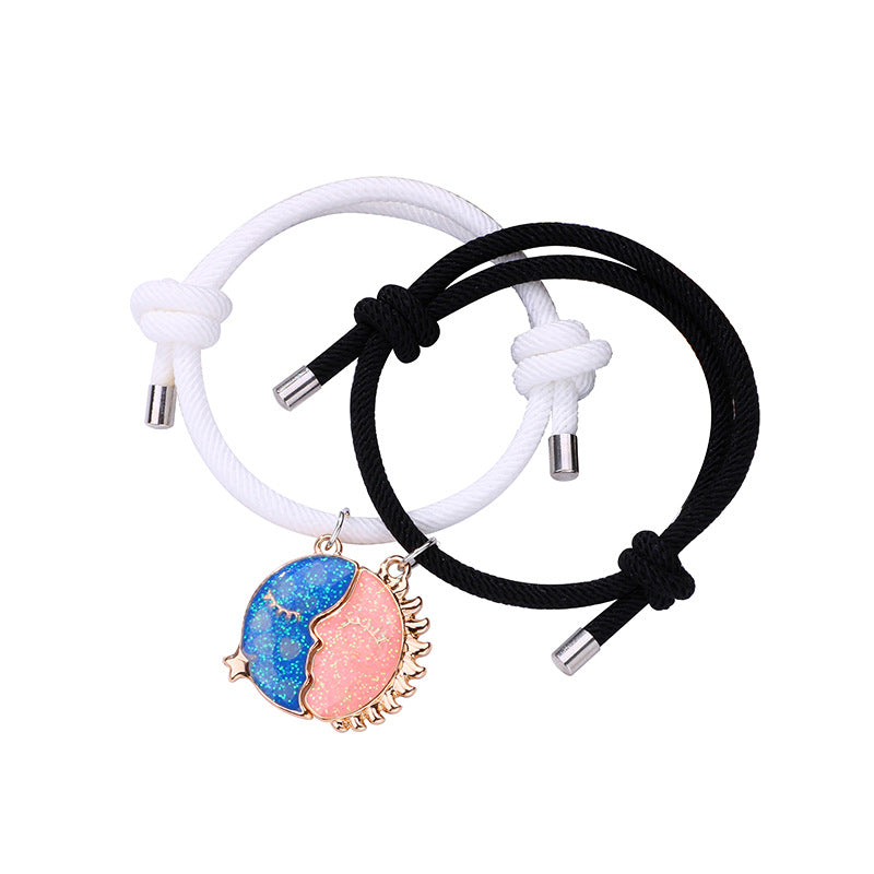 Lot de 2 Bracelets D'amitié Cordon Réglable - Lune Soleil qui s'embrasse - BFF - Best Friends Forever - Pendentif Aimanté - Amoureux Couple Amitié