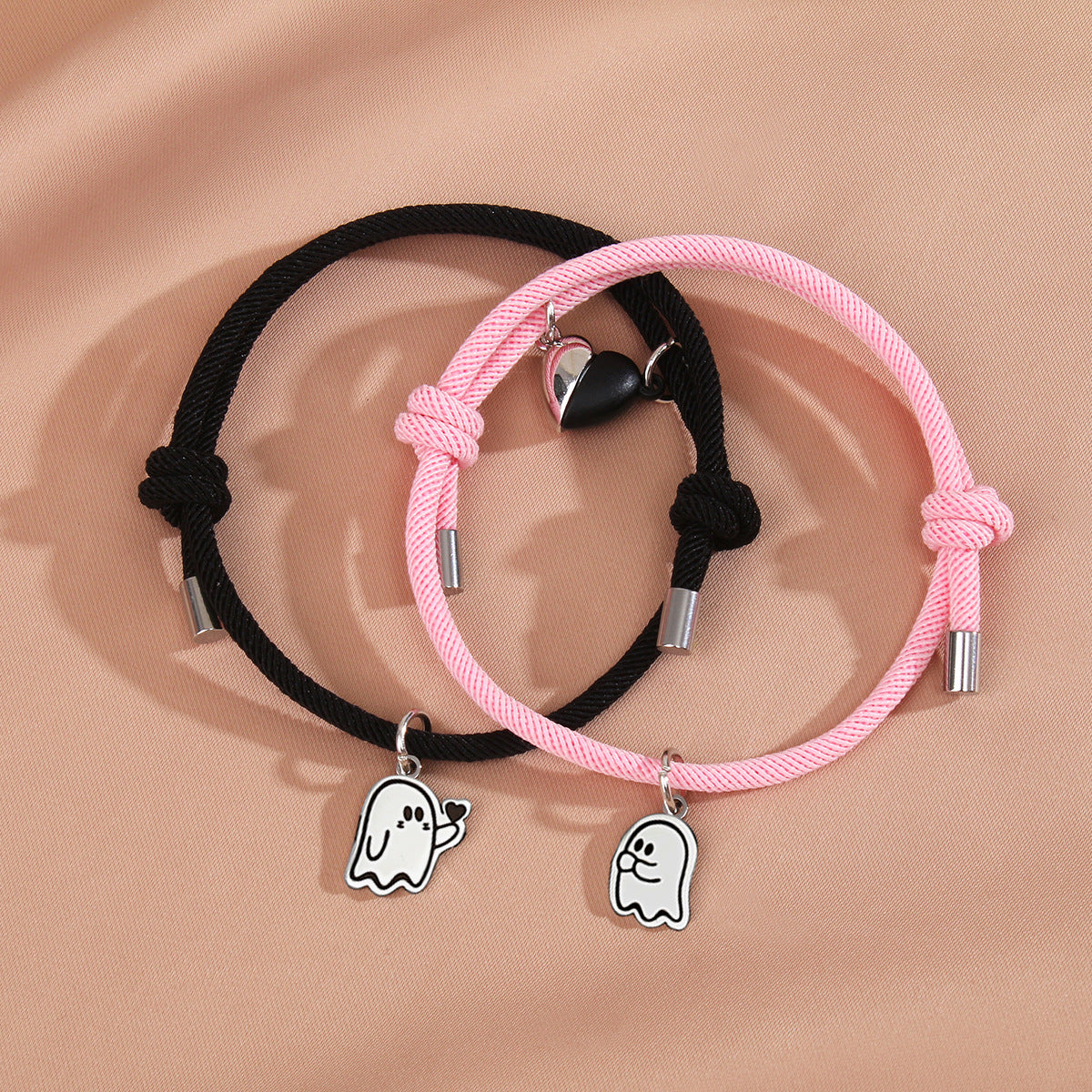 Lot de 2 Bracelets D'amitié Cordon Réglable - Petit Fantome Coeur - BFF - Best Friends Forever - Amitié - Pendentif Aimanté Coeur