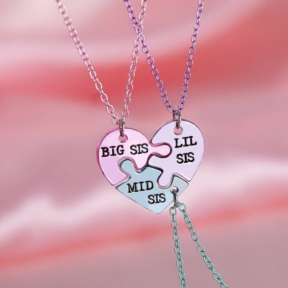 Lot de 3 Colliers - Soeurs - Ainée Cadette Benjamine - Famille Enfant Soeur Filles - Fantaisie - Pendentif Coeur Puzzle