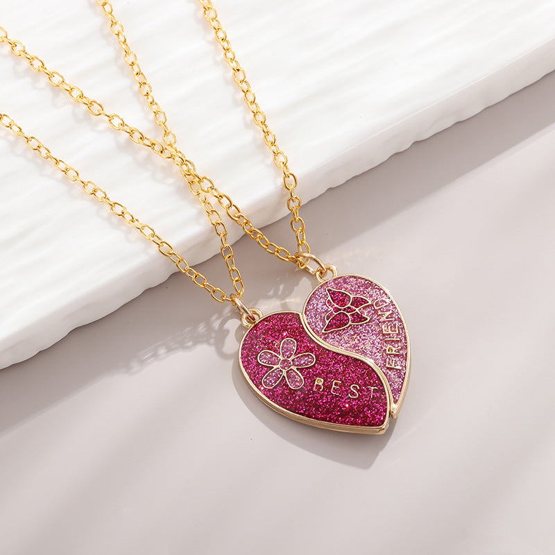 CHILDREN - Set of 2 Glitter Heart Friendship Necklace Chains - BFF Best Friends Forever - Fancy - Magnetic Pendant with Gold Chain