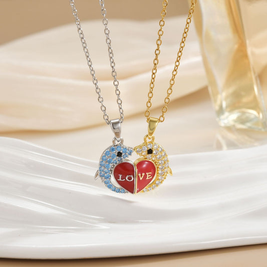 Lot de 2 Colliers D'amitié Aimanté - Coeur Dauphins - BFF - Best Friends Forever - Fantaisie - Chaine Doré Argenté - Amitié