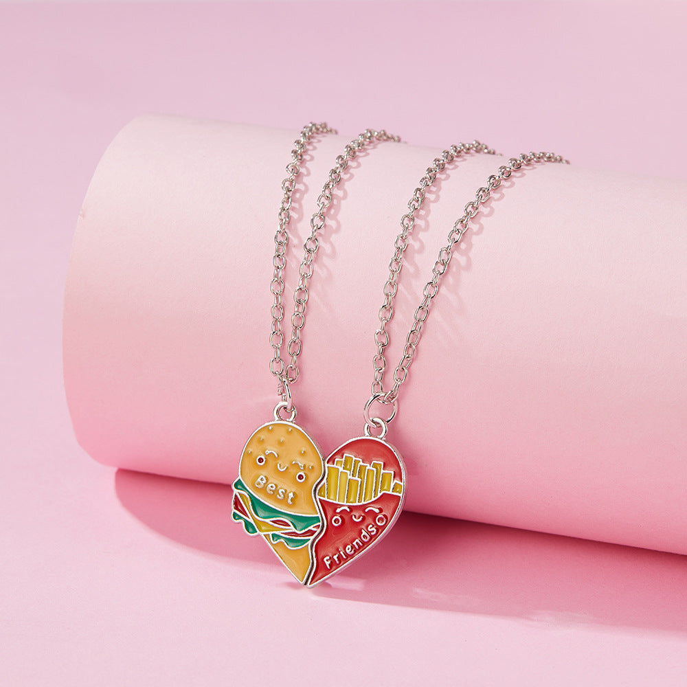 Set of 2 Friendship Necklace Chains | Hamburger Fries Separate to Share | Lovers | Best Friends Couple