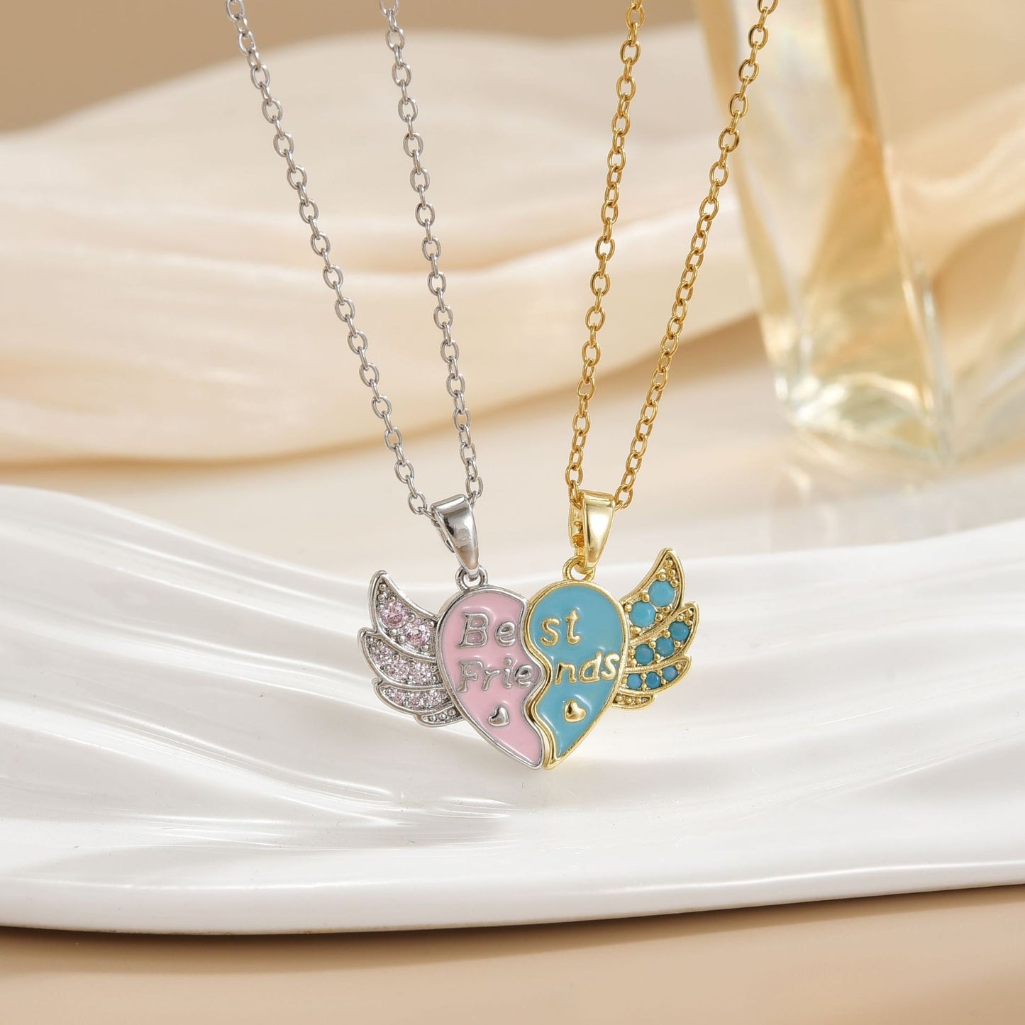 CHILDREN - Set of 2 Heart Friendship Necklace Chains - BFF Best Friends Forever - Fancy Heart Blue Pink Orange Yellow - Magnetic Pendant