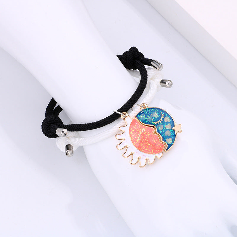 Lot de 2 Bracelets D'amitié Cordon Réglable - Lune Soleil qui s'embrasse - BFF - Best Friends Forever - Pendentif Aimanté - Amoureux Couple Amitié