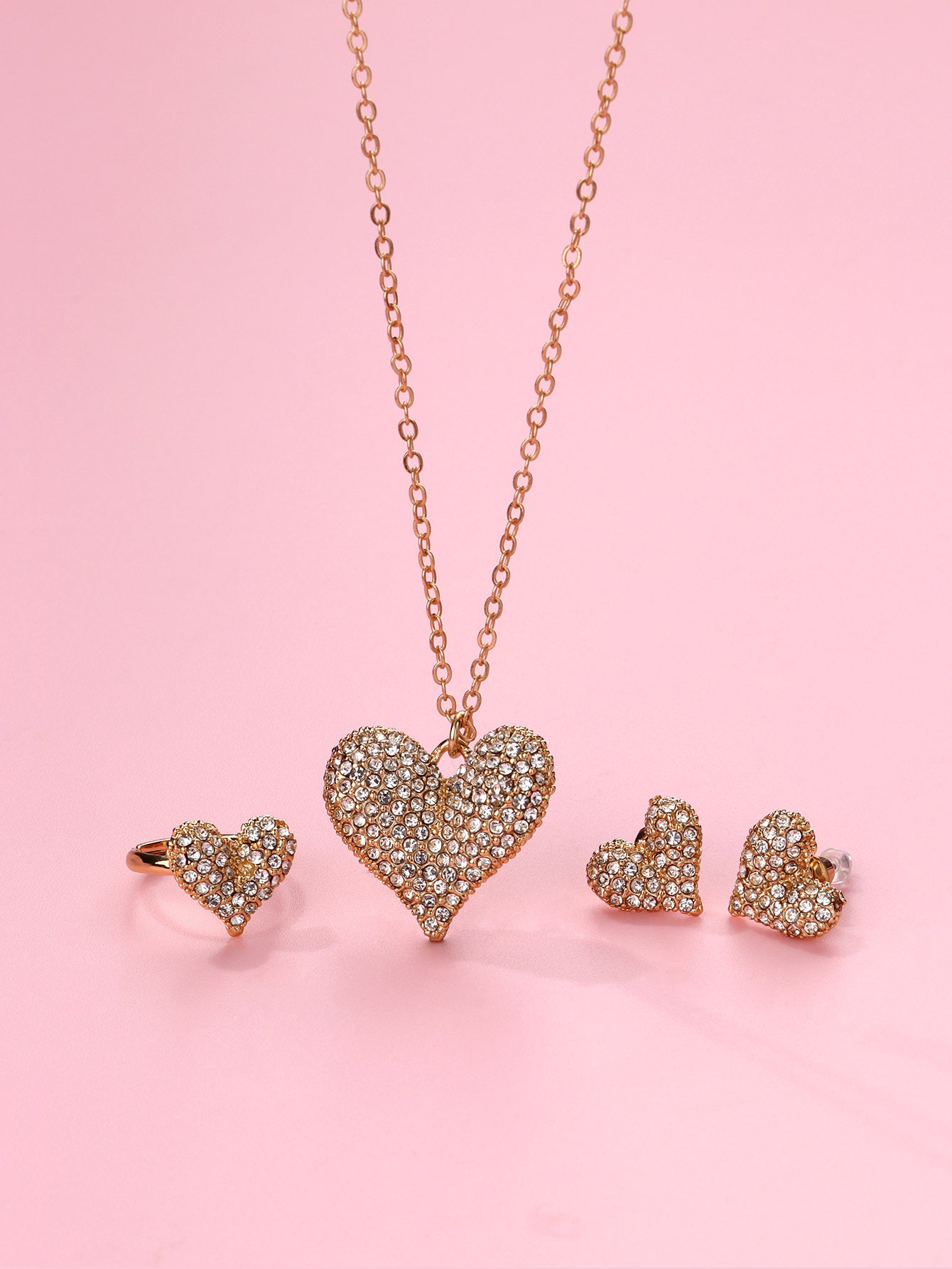 Parure 3 pièces - Collier Boucles Oreilles Bague - Coeur Strass Diamant - Fantaisie - Amoureux - Mignon Doré Strass Saint Valentin