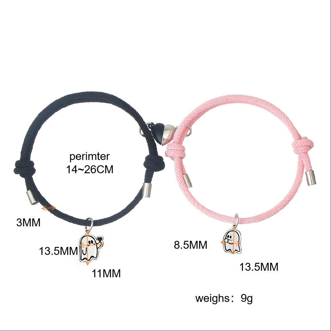 Lot de 2 Bracelets D'amitié Cordon Réglable - Petit Fantome Coeur - BFF - Best Friends Forever - Amitié - Pendentif Aimanté Coeur