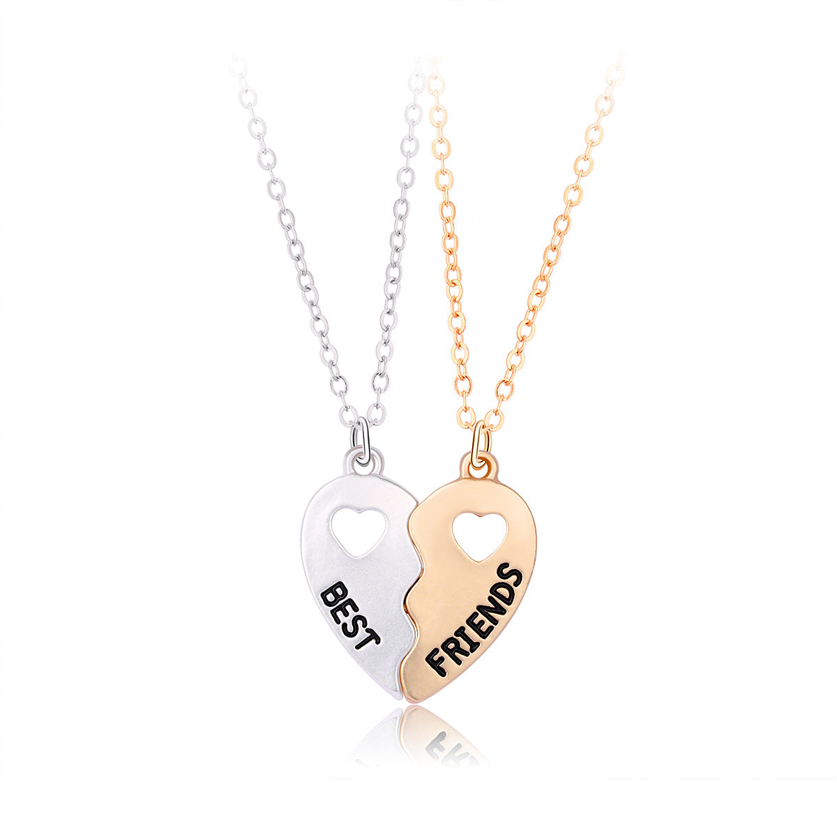 Set of 2 Heart Friendship Necklaces - BFF Best Friends Forever - Fantasy - Silver and Gold Pendant and Chain