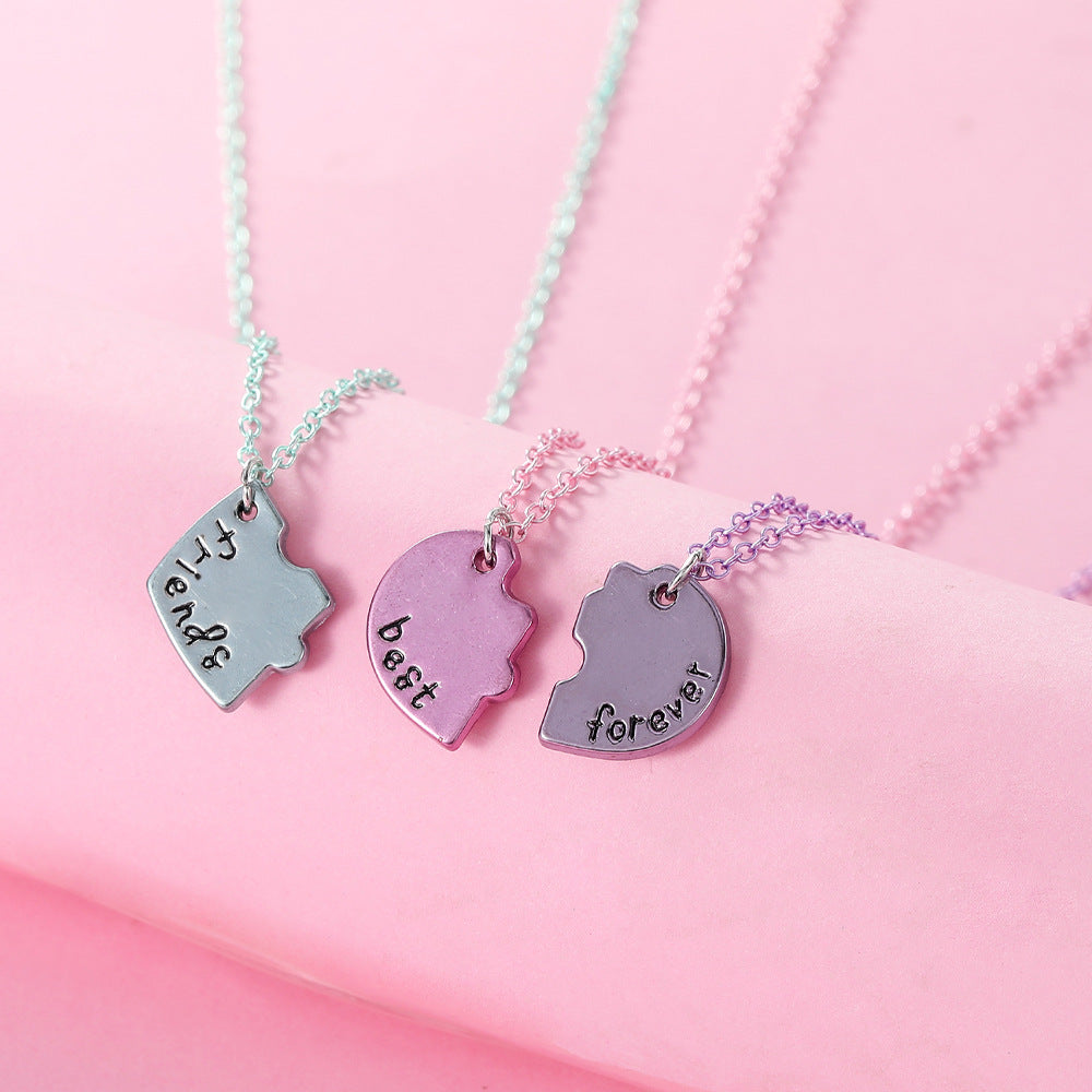 Lot de 3 Colliers D'amitié - Coeur Puzzle - BFF - Best Friends Forever - Pendentif Argenté ou Coloré - Strass - Amitié