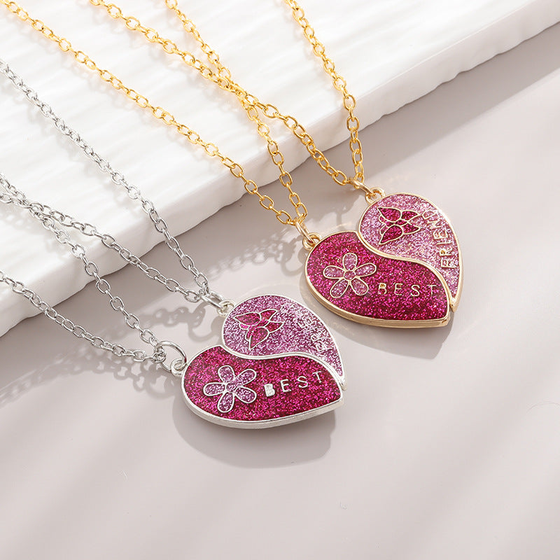 CHILDREN - Set of 2 Glitter Heart Friendship Necklace Chains - BFF Best Friends Forever - Fancy - Magnetic Pendant with Gold Chain
