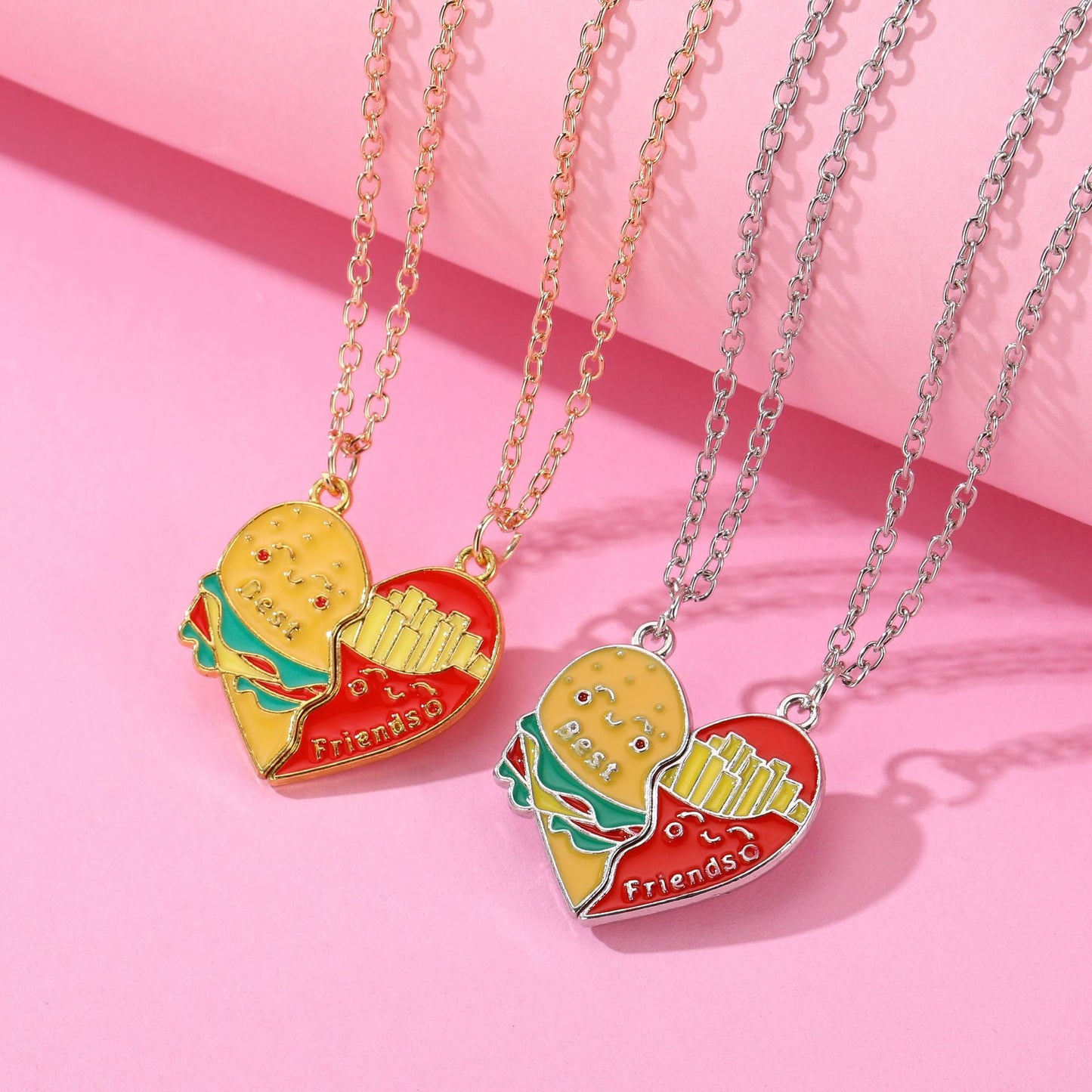 Set of 2 Friendship Necklace Chains | Hamburger Fries Separate to Share | Lovers | Best Friends Couple