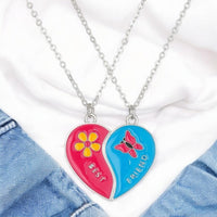 CHILDREN - Set of 2 Chains Friendship Necklaces Cat Unicorn & Heart - BFF Best Friends Forever - Fantasy - Rainbow Resin Pendant