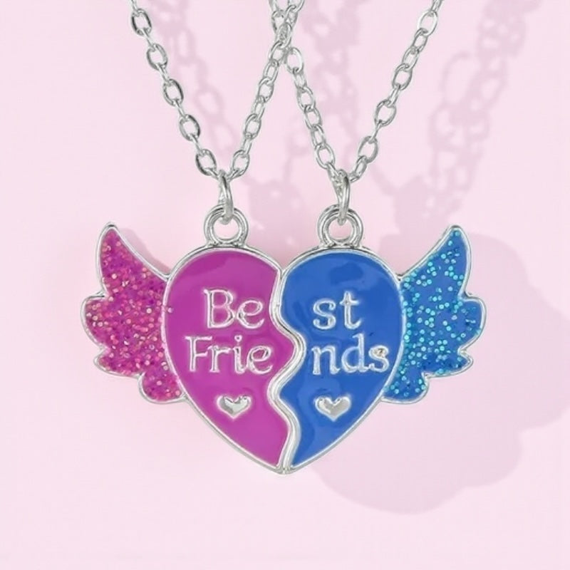 CHILDREN - Set of 2 Chains Friendship Necklaces Cat Unicorn & Heart - BFF Best Friends Forever - Fantasy - Rainbow Resin Pendant