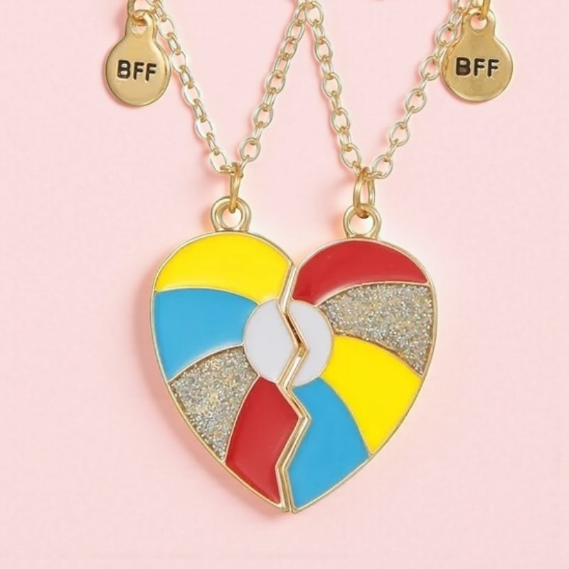 CHILDREN - Set of 2 Chains Friendship Necklaces Cat Unicorn & Heart - BFF Best Friends Forever - Fantasy - Rainbow Resin Pendant
