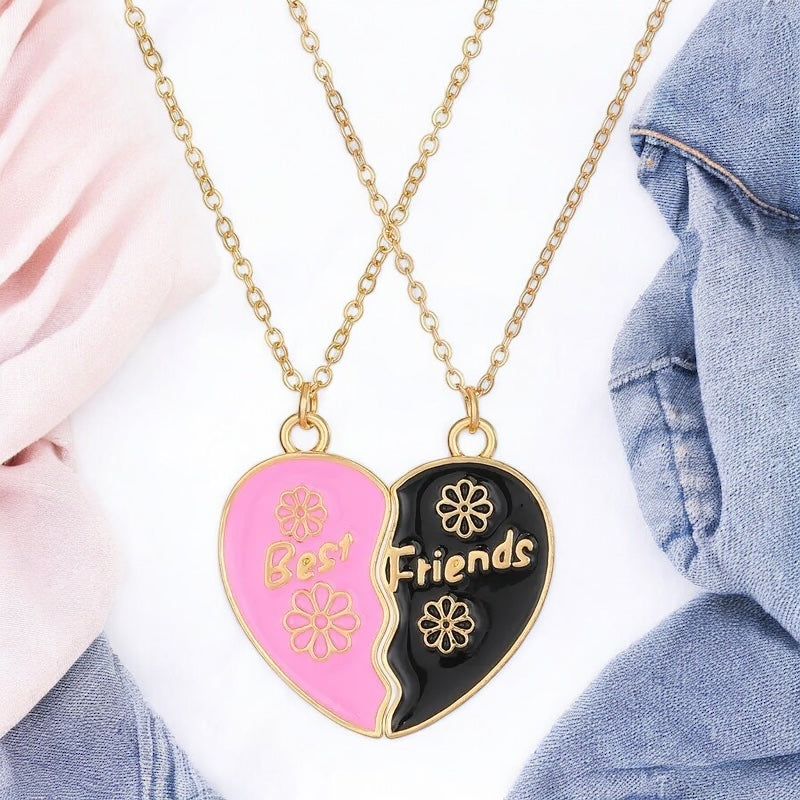 CHILDREN - Set of 2 Chains Friendship Necklaces Cat Unicorn & Heart - BFF Best Friends Forever - Fantasy - Rainbow Resin Pendant