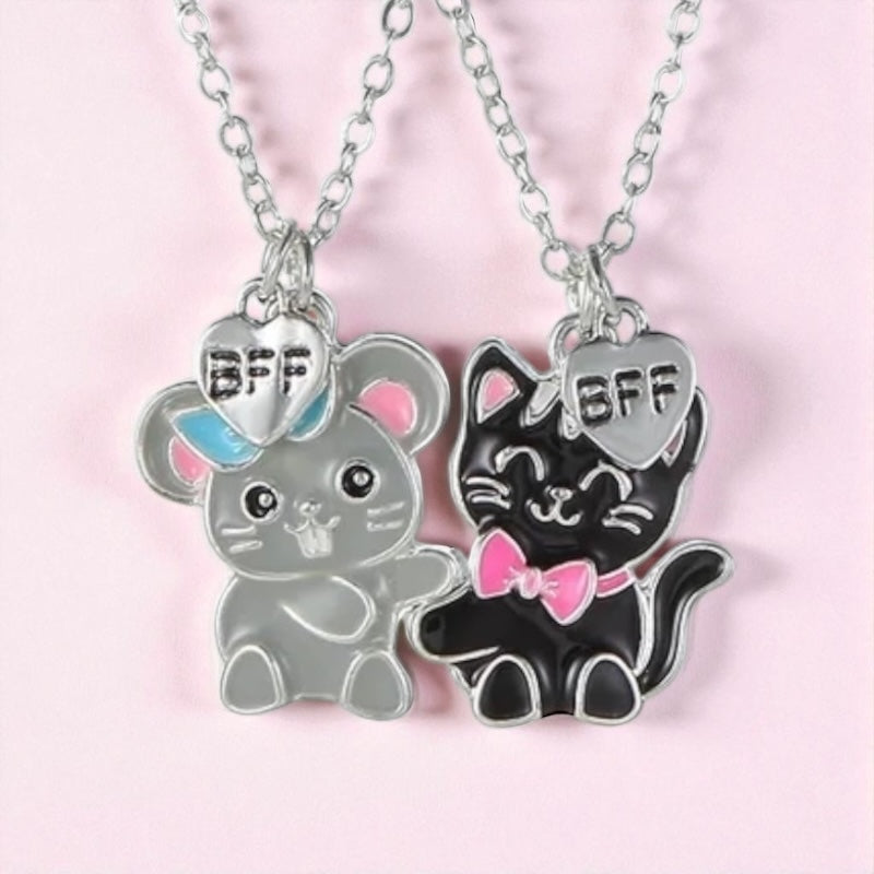 CHILDREN - Set of 2 Chains Friendship Necklaces Cat Unicorn & Heart - BFF Best Friends Forever - Fantasy - Rainbow Resin Pendant