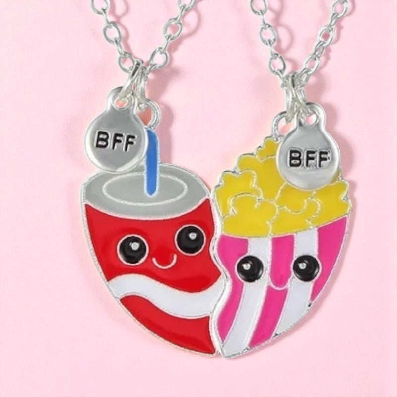 CHILDREN - Set of 2 Chains Friendship Necklaces Cat Unicorn & Heart - BFF Best Friends Forever - Fantasy - Rainbow Resin Pendant
