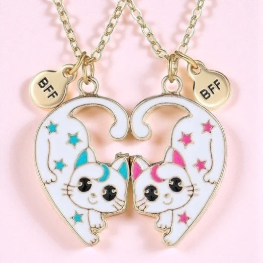 CHILDREN - Set of 2 Chains Friendship Necklaces Cat Unicorn & Heart - BFF Best Friends Forever - Fantasy - Rainbow Resin Pendant