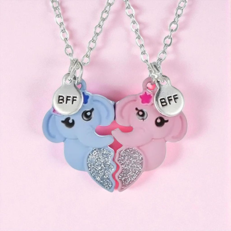 CHILDREN - Set of 2 Chains Friendship Necklaces Cat Unicorn & Heart - BFF Best Friends Forever - Fantasy - Rainbow Resin Pendant