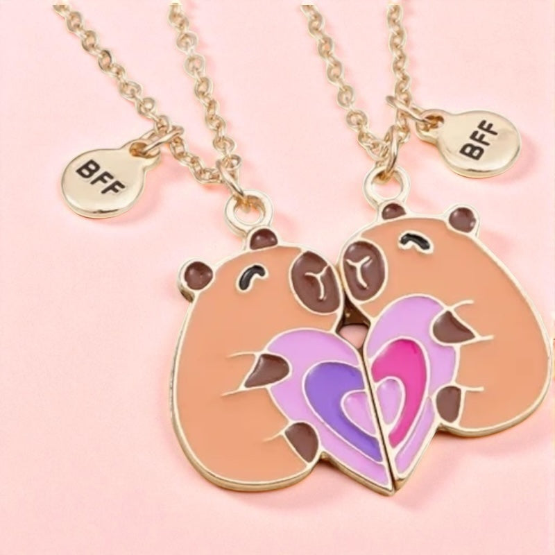 CHILDREN - Set of 2 Chains Friendship Necklaces Cat Unicorn & Heart - BFF Best Friends Forever - Fantasy - Rainbow Resin Pendant