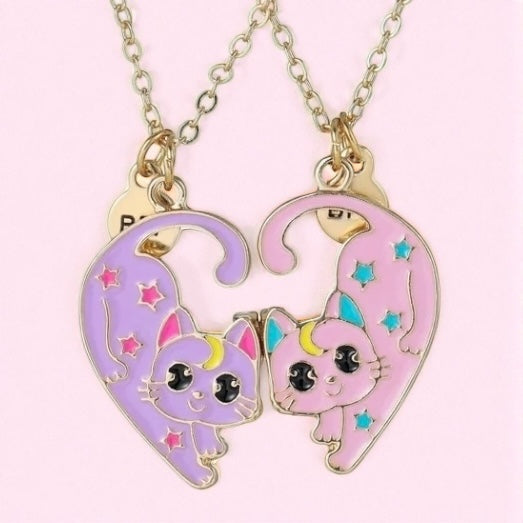 CHILDREN - Set of 2 Chains Friendship Necklaces Cat Unicorn & Heart - BFF Best Friends Forever - Fantasy - Rainbow Resin Pendant