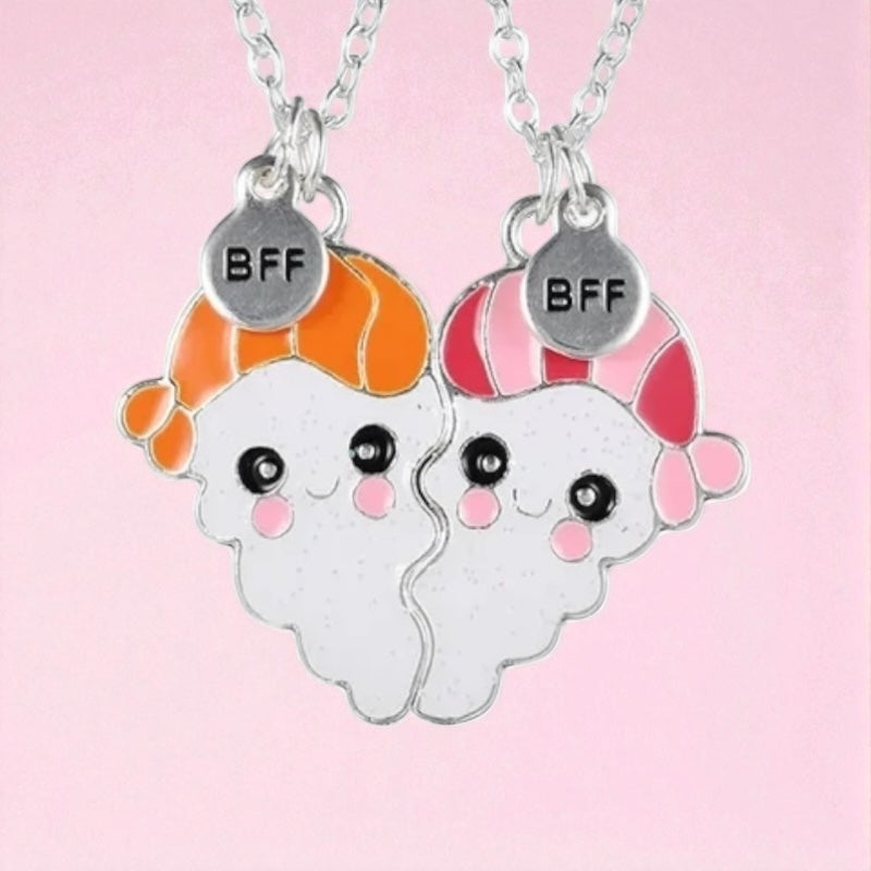 CHILDREN - Set of 2 Chains Friendship Necklaces Cat Unicorn & Heart - BFF Best Friends Forever - Fantasy - Rainbow Resin Pendant